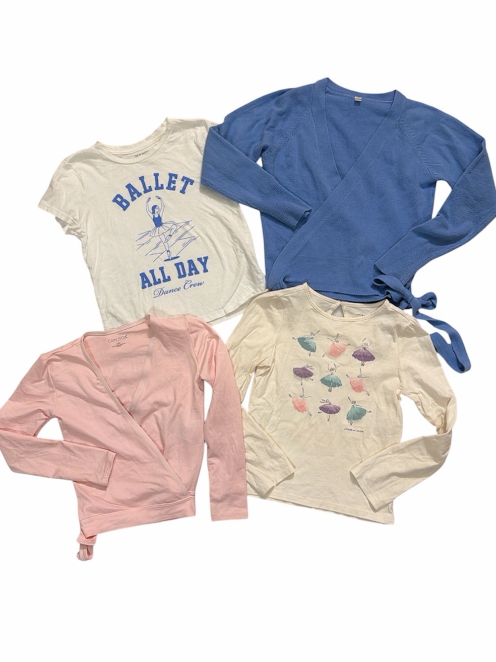 Girls ballet bundle- pink wrap, blue wrap, long & short sleeve ballet theme tee
